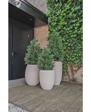 Tres maceteros altos de colores claros con lujosas plantas de exterior, como Artificial Conifer deluxe UV 100 cm, se encuentran sobre una plataforma de madera cerca de una pared cubierta de hiedra verde, junto a una puerta negra y un área con parte de grava.