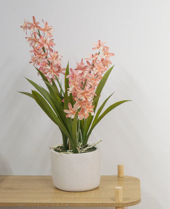 La planta artificial Cymbidium rosa de 58 cm, una planta verde con hojas largas y tallos largos con flores de color rosa claro en una maceta de cerámica blanca, se encuentra sobre una mesa de madera clara contra una pared blanca lisa.
