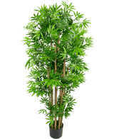 La planta artificial de bambú japonés de 150 cm es un bambú artificial alto con múltiples tallos marrones y hojas verdes exuberantes, en una maceta negra compacta, sobre un fondo blanco liso.