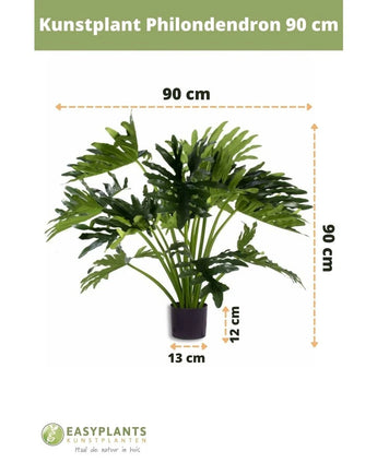 Kunstplant Philodendron UV 90 cm in een zwarte pot, met 90 cm brede bladeren. Perfect voor elke ruimte. Potmaat: 12 cm hoog, 13 cm breed. Easyplants logo onderaan.
