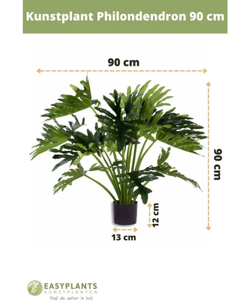 Planta artificial Filodendro UV de 90 cm en maceta negra, con hojas de 90 cm de ancho. Perfecto para cualquier espacio. Tamaño de la maceta: 12 cm de alto, 13 cm de ancho. Logotipo Easyplants en la parte inferior.