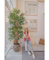Een vrouw in een roze vest met patroon en een spijkerbroek lacht op een beige bank naast de Lady Kunstpalm 210 cm in een lichte, moderne woonkamer met abstracte kunst aan de muur.