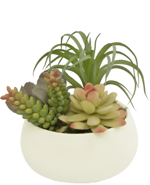 Mix Suculentas artificiales Echeveria y Sedum 14 cm en maceta decorativa blanca