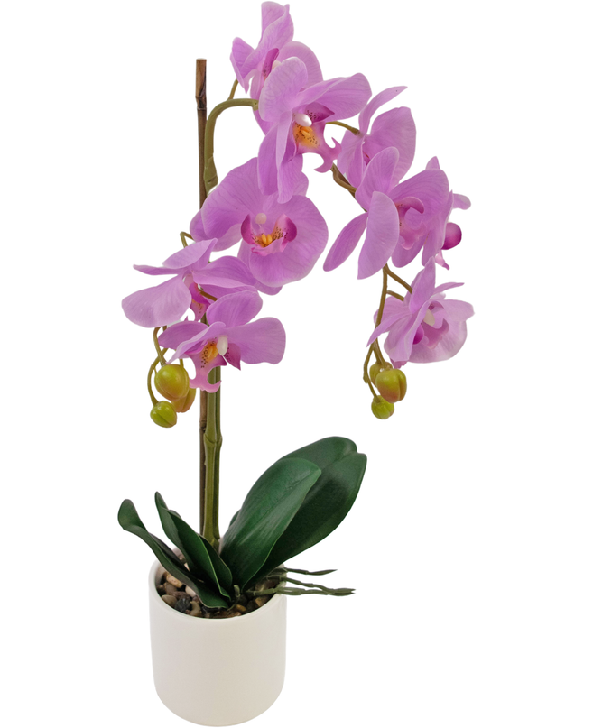 Orquídea artificial 52 cm lila en maceta decorativa blanca