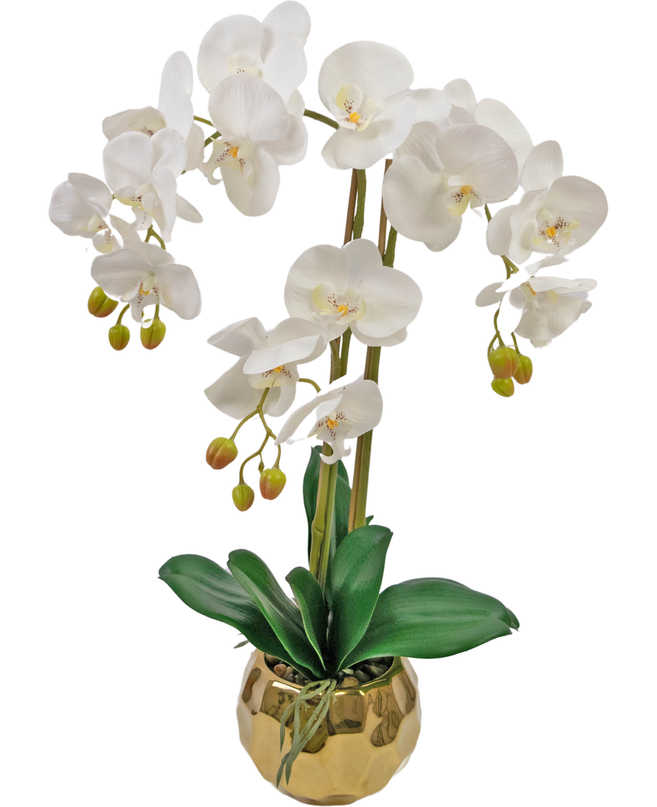 Orquídea artificial 52 cm blanca en maceta decorativa dorada