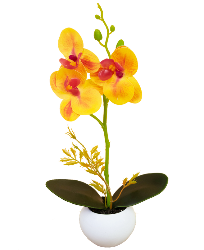Orquídea artificial 28 cm amarilla/roja en maceta decorativa  blanca