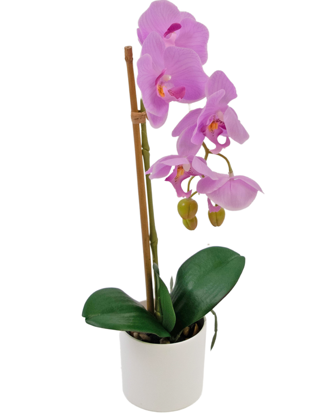 Orquídea artificial 42 cm lila en maceta decorativa blanca