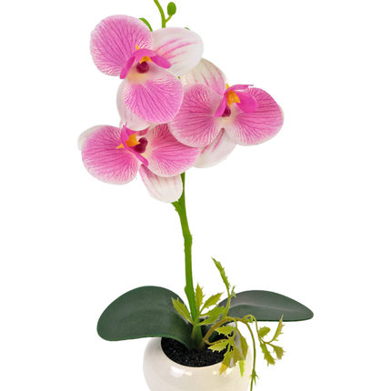 Orquídea artificial 28 cm blanca/rosa en maceta decorativa