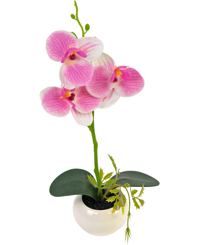 Orquídea artificial 28 cm blanca/rosa en maceta decorativa