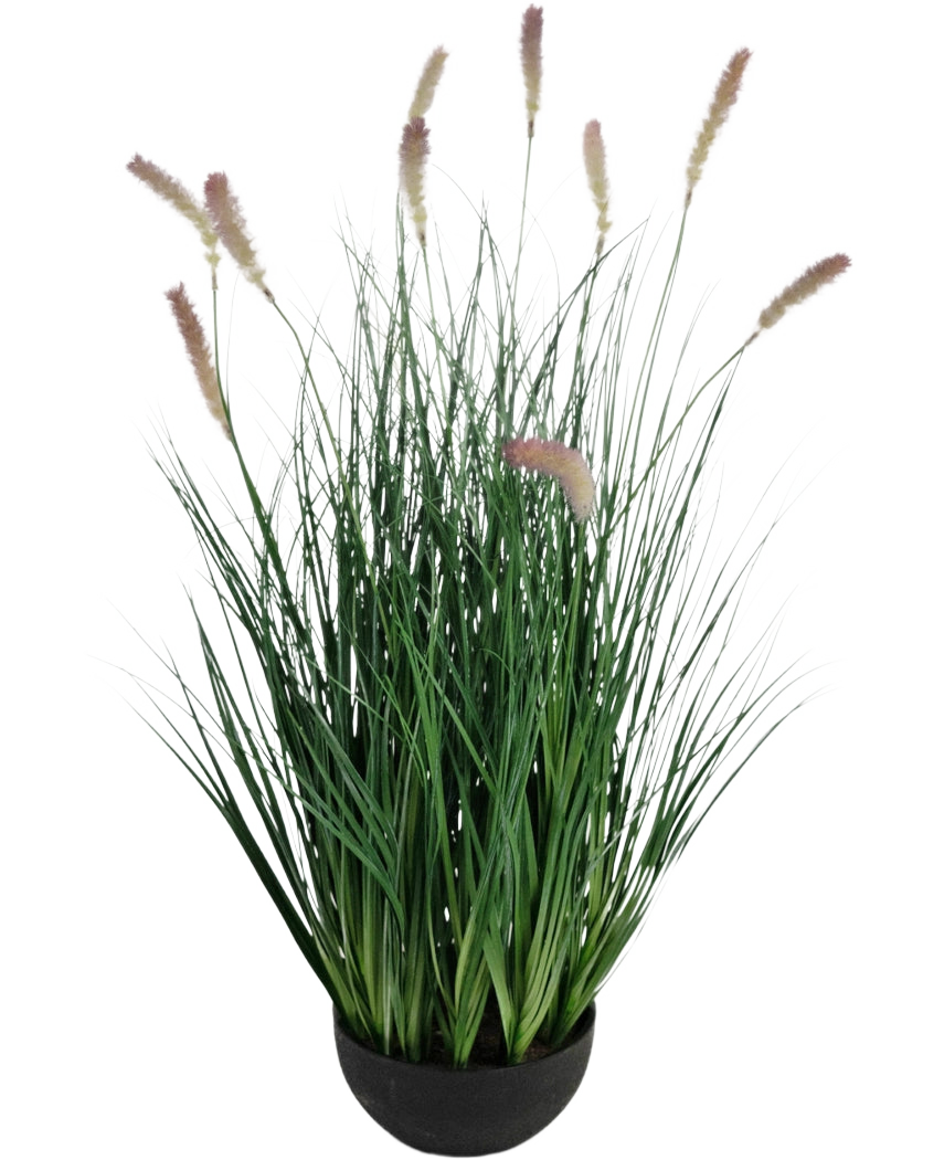 El bonsái de hierba de cebolla de oruga de césped artificial es una planta de césped artificial ignífugo de 70 cm de altura con delgadas hojas verdes y espigas de flores de color marrón claro en una maceta redonda negra, perfecta para un interior elegante.