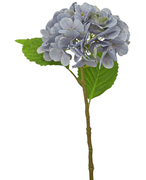 La Hortensia Artificial Deluxe 55 cm violeta tiene un único tallo violeta claro con pétalos redondeados y dos hojas verdes, sobre un fondo blanco.