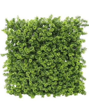 El musgo artificial para setos 50x50 cm UV es un denso panel cuadrado de follaje verde artificial con pequeñas ramas de hojas, representado desde arriba sobre un fondo blanco.