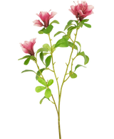 Een enkele Kunstbloem Rododendron Azalea 73 cm fuchsia steel met drie bloeiende roze bloemen en meerdere groene bladeren op een witte achtergrond.