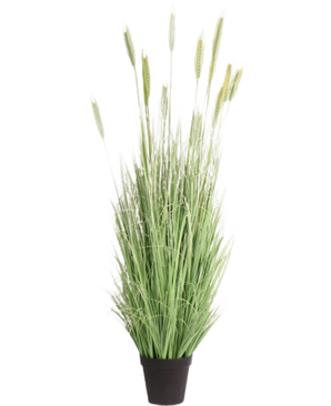 La Planta de Césped Artificial Verde ignífugo de 180 cm tiene hojas verdes largas y delgadas y espigas parecidas al trigo en una maceta negra, ideal para una decoración interior elegante y mayor seguridad.