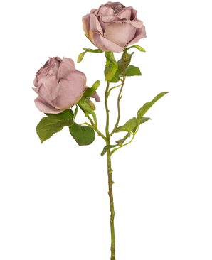 Una única Rosa Artificial Deluxe de 55 cm de tallo morado con dos rosas malva polvorientas y hojas verdes, sobre un fondo blanco liso.