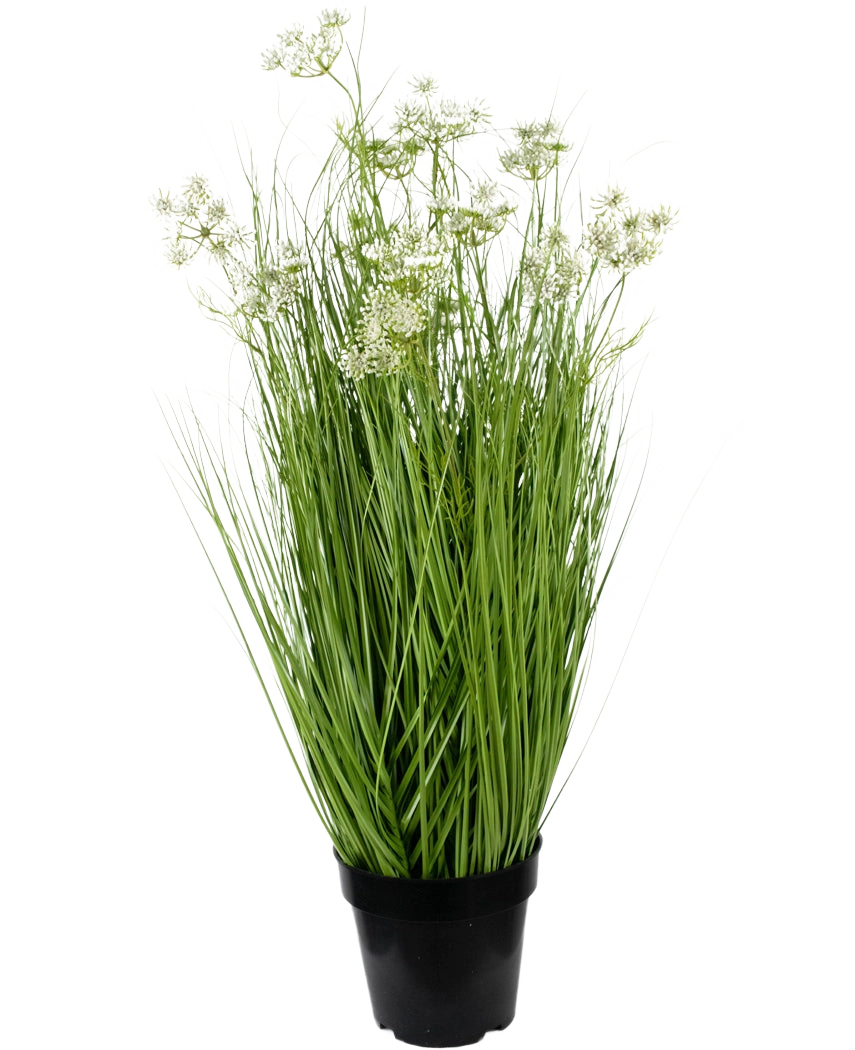 Las flores de raíz de césped artificial, césped de cebolla de 90 cm, retardante de fuego, tienen hojas verdes largas y delgadas y delicados racimos de flores blancas en una maceta, sobre un fondo blanco liso.