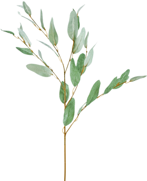 La Rama Artificial Eucalipto 86 cm verde tiene una única rama decorativa de eucalipto con esbeltas hojas de seda verde y finos tallos marrones, aisladas sobre un fondo blanco.