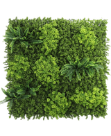 Het Kunsthaag Moss 100x100 cm UV-paneel heeft dicht, gevarieerd groen gebladerte en verschillende clusters van varenachtige bladeren op een witte achtergrond.