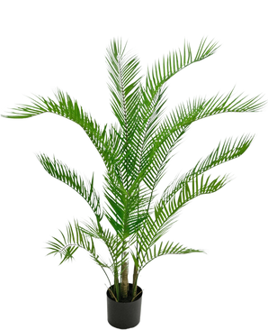 La Planta Artificial Chamaedorea 120 cm es una palmera artificial con hojas verdes largas y delgadas en una maceta redonda de color negro, sobre un fondo blanco liso.