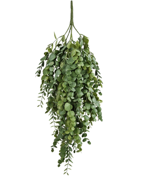 De Kunst hangplant Eucalyptus 76 cm is een levensechte kunst hangplant met trapsgewijze groene bladeren aan meerdere stelen, tegen een witte achtergrond.