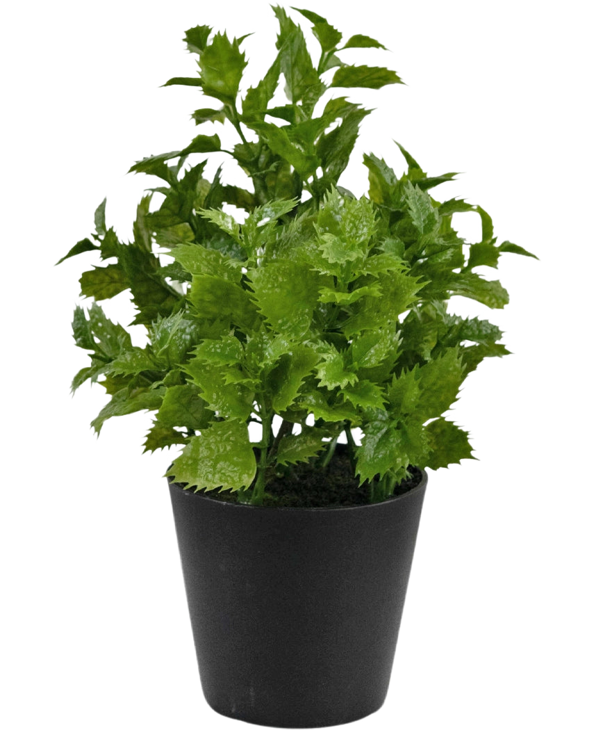 Planta Artificial Perilla 25 cm: Una planta de follaje verde vibrante con bordes dentados en una sencilla maceta negra, perfecta para añadir un toque de naturaleza a cualquier habitación.