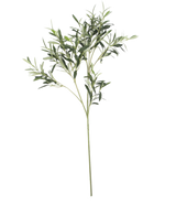 La hoja de olivo artificial 90 cm UV, con finas hojas verdes y un largo tallo, destaca sobre un fondo blanco para crear una sutil atmósfera mediterránea.