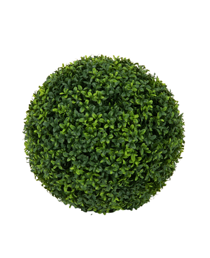 Una vista superior de la planta artificial Buxus estilo romano UV D40 cm, un arbusto artificial esférico cuidadosamente podado con densas hojas verdes sobre un fondo blanco liso.