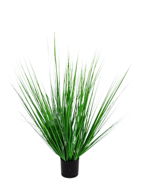 La Planta de Césped Artificial Cebolla ignífuga de 90 cm es una planta de césped artificial en maceta con largas y esbeltas hojas verdes en un recipiente compacto de color negro, sobre un fondo liso y blanco.