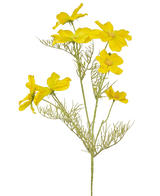 La flor artificial Cosmos de 74 cm amarilla tiene flores de color amarillo brillante y delicadas hojas verdes plumosas sobre tallos delgados, perfectas para crear un ramo sobre un fondo blanco liso.