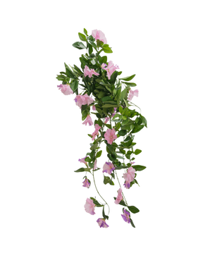 La planta colgante artificial Petunia 70 cm tiene hojas verdes y flores violetas en forma de trompeta sobre un fondo liso blanco.