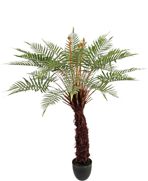 La Planta Artificial Dicksonia 127 cm es un helecho alto en maceta con un tronco estructurado de color marrón y hojas verdes largas y curvas sobre un fondo blanco.