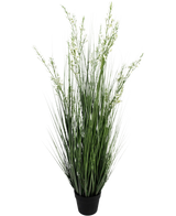 El Bonsái de Césped Artificial Mijo-Cebolla ignífugo de 120 cm tiene hojas altas y delgadas de color verde y pequeñas flores blancas en una sencilla maceta negra, sobre un fondo blanco liso.