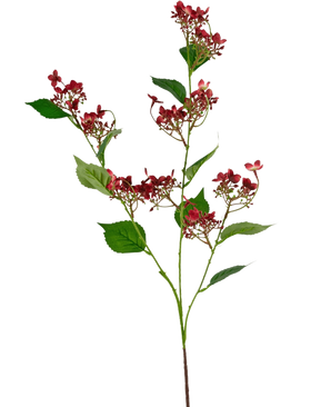 De Kunstbloem Wilde hortensia 86 cm rood heeft een hoge steel met trossen kleine, donkerrode bloemen en meerdere groene bladeren, afgebeeld tegen een witte achtergrond.