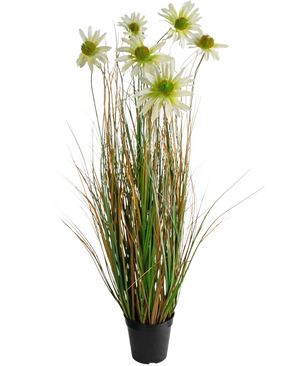 La Maceta Césped Artificial Crisantemo Cebolla 90cm retardante de fuego es una planta artificial en maceta con largas hojas verdes y marrones parecidas a la hierba, rematadas con flores de margaritas blancas con un corazón amarillo.