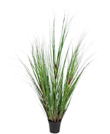La Planta de Césped Artificial Cebolla ignífuga de 120 cm tiene hojas largas y delgadas de color verde con toques de color marrón rojizo, presentadas en una maceta sobre un fondo liso blanco.