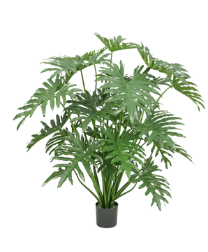 Planta artificial filodendro de 125 cm con hojas grandes, verdes y profundamente divididas sobre un fondo blanco.
