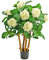 De Kunstplant Hortensia UV 85 cm wit is een kunstplant in pot met stevige bruine stelen, grote groene bladeren en trossen witte hortensia-achtige bloemen aan de bovenkant.