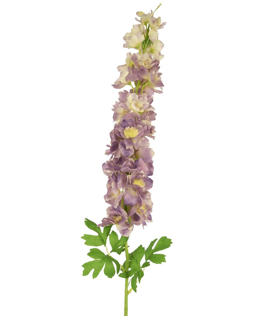 La Flor Artificial Delphinium 105 cm lila es un tallo artificial de flores de delfinio de color violeta claro y crema con hojas verdes, sobre un fondo blanco.