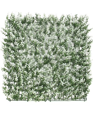 El seto artificial Boj blanco 50x50 cm UV es un panel cuadrado de boj artificial con pequeñas hojas con puntas blancas sobre una rejilla de plástico, representadas sobre un fondo blanco.