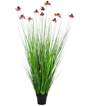 La Planta de Césped Artificial Crisantemo 150 cm ignífugo tiene hojas largas y finas de color verde similar a la hierba y tallos largos con flores de color rosa tipo margarita, presentadas en una maceta sobre un fondo liso blanco.