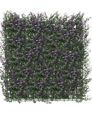 El seto artificial Boj violeta 50x50 cm UV es un panel denso y cuadrado de vegetación artificial con pequeñas flores de color violeta, que crea una exuberante alfombra de jardín vertical perfecta para iluminar un fondo blanco.