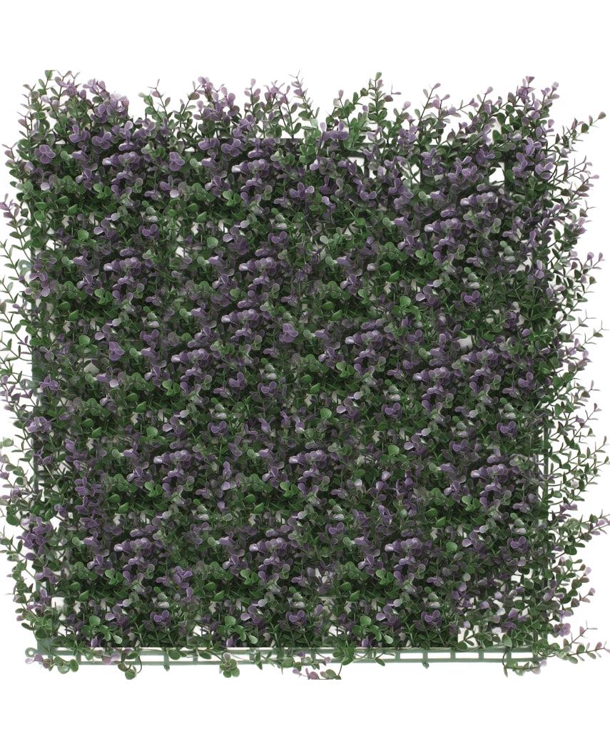El seto artificial Boj violeta 50x50 cm UV es un panel denso y cuadrado de vegetación artificial con pequeñas flores de color violeta, que crea una exuberante alfombra de jardín vertical perfecta para iluminar un fondo blanco.