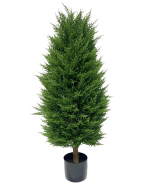 La Planta Artificial Conifer deluxe UV 100 cm es una pequeña planta artificial en maceta con hojas densas, de color verde brillante y forma cónica, perfecta para un jardín que no requiere mantenimiento, presentada sobre un fondo blanco liso.