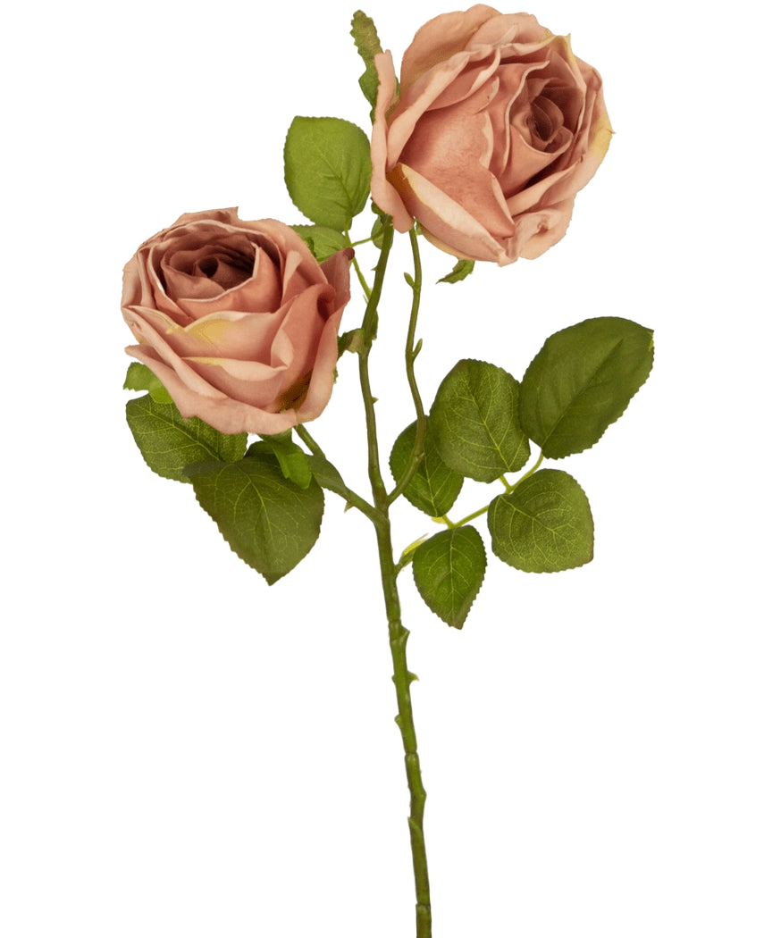 La Rosa Artificial Deluxe de 55 cm rosa tiene dos rosas artificiales de color marrón rosado con hojas verdes en un solo tallo, que forman un contraste sorprendente sobre un fondo blanco liso.
