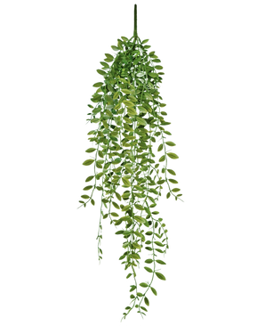 La Planta Suculenta Artificial Colgante de 76 cm tiene hojas verdes y tallos finos sobre un fondo blanco liso.