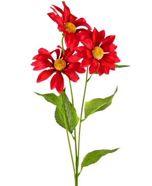 La Margarita Artificial de 78 cm roja tiene tres margaritas artificiales de color rojo vibrante con corazones amarillos y hojas verdes en tallos largos, sobre un fondo blanco liso.
