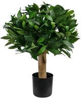De Kunstplant Laurier UV d30 cm heeft dichte groene bladeren en een dikke stam, gepresenteerd in een eenvoudige zwarte pot.