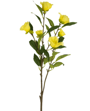 La flor artificial Camelia de 80 cm amarilla tiene un solo tallo con múltiples flores artificiales de camelia de color amarillo brillante y hojas verdes, representadas sobre un fondo blanco liso.