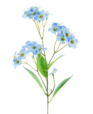 Una orquídea artificial Real Touch Blue de 50 cm con racimos de delicadas flores de color azul claro y algunas hojas verdes se alza sobre un fondo blanco liso.