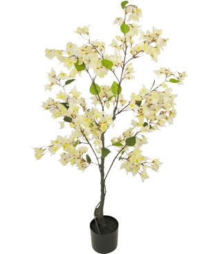 La Buganvilla Artificial 120 cm blanca es un árbol artificial en maceta con ramas esbeltas, hojas verdes y abundantes flores de color amarillo claro y blanco sobre un fondo liso blanco.